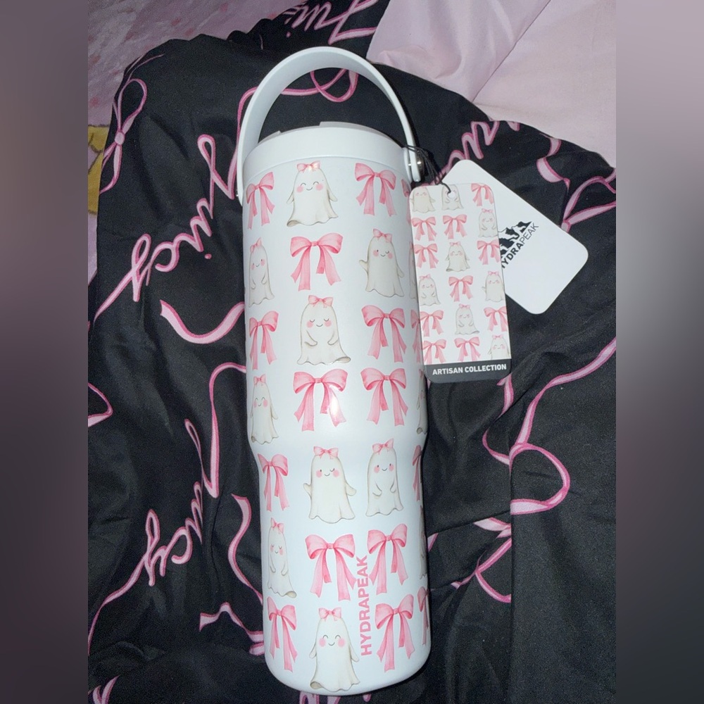 Hydrapeak Kids White and Pink Ghost Pattern Water Bottle - Picture 2 of 3